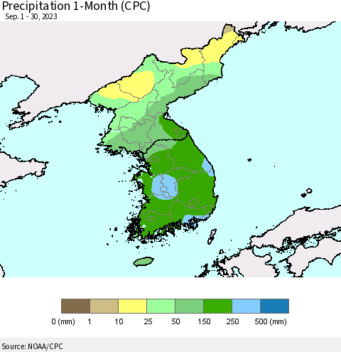 Korea Precipitation 1-Month (CPC) Thematic Map For 9/1/2023 - 9/30/2023