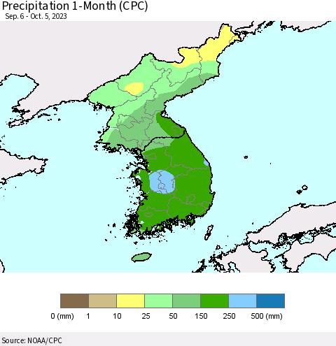 Korea Precipitation 1-Month (CPC) Thematic Map For 9/6/2023 - 10/5/2023