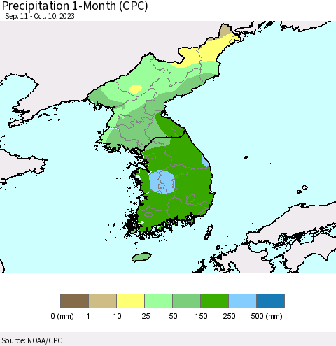 Korea Precipitation 1-Month (CPC) Thematic Map For 9/11/2023 - 10/10/2023