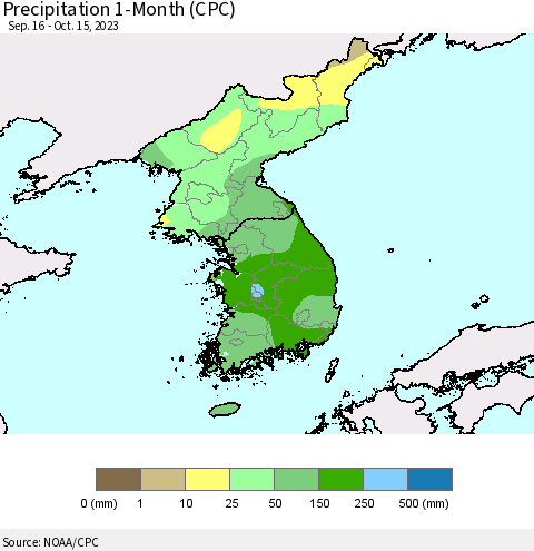 Korea Precipitation 1-Month (CPC) Thematic Map For 9/16/2023 - 10/15/2023