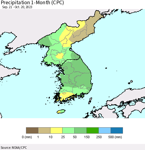 Korea Precipitation 1-Month (CPC) Thematic Map For 9/21/2023 - 10/20/2023