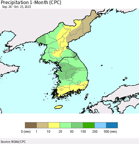 Korea Precipitation 1-Month (CPC) Thematic Map For 9/26/2023 - 10/25/2023