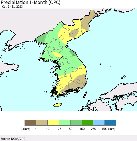 Korea Precipitation 1-Month (CPC) Thematic Map For 10/1/2023 - 10/31/2023