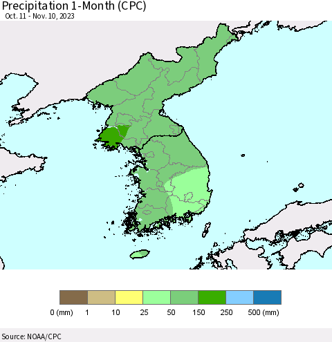 Korea Precipitation 1-Month (CPC) Thematic Map For 10/11/2023 - 11/10/2023