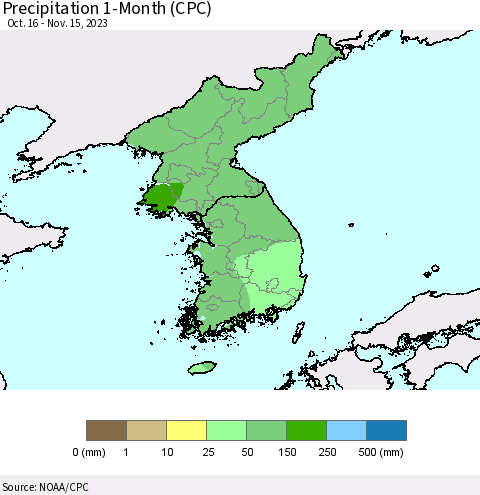 Korea Precipitation 1-Month (CPC) Thematic Map For 10/16/2023 - 11/15/2023