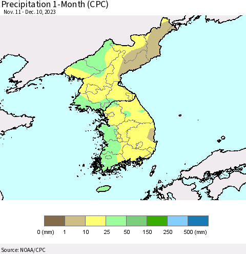 Korea Precipitation 1-Month (CPC) Thematic Map For 11/11/2023 - 12/10/2023