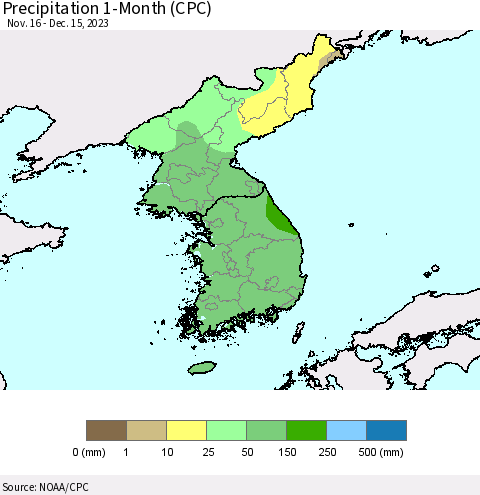 Korea Precipitation 1-Month (CPC) Thematic Map For 11/16/2023 - 12/15/2023