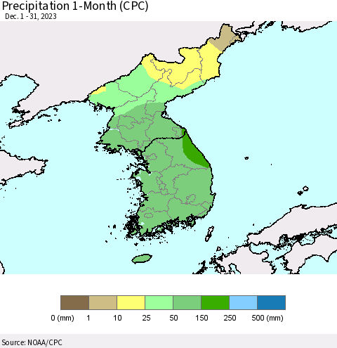 Korea Precipitation 1-Month (CPC) Thematic Map For 12/1/2023 - 12/31/2023