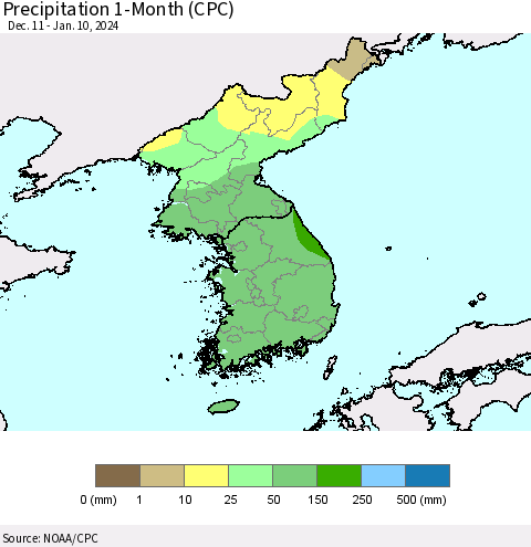 Korea Precipitation 1-Month (CPC) Thematic Map For 12/11/2023 - 1/10/2024
