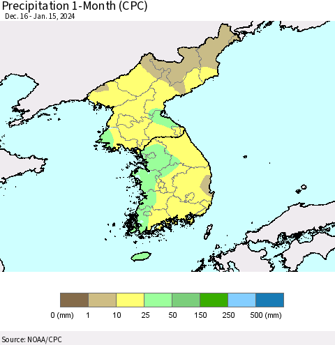 Korea Precipitation 1-Month (CPC) Thematic Map For 12/16/2023 - 1/15/2024