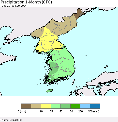Korea Precipitation 1-Month (CPC) Thematic Map For 12/21/2023 - 1/20/2024