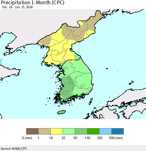 Korea Precipitation 1-Month (CPC) Thematic Map For 12/26/2023 - 1/25/2024