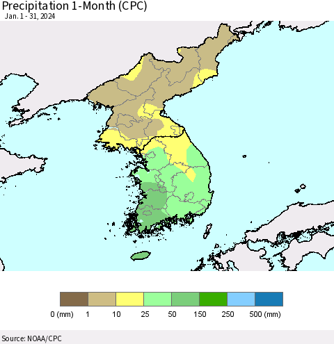 Korea Precipitation 1-Month (CPC) Thematic Map For 1/1/2024 - 1/31/2024