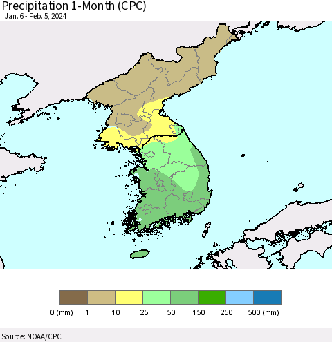 Korea Precipitation 1-Month (CPC) Thematic Map For 1/6/2024 - 2/5/2024