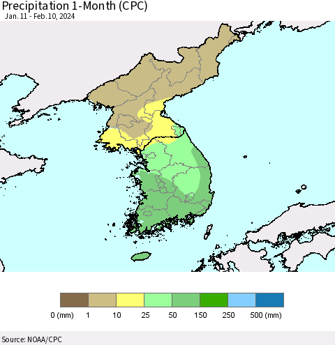 Korea Precipitation 1-Month (CPC) Thematic Map For 1/11/2024 - 2/10/2024