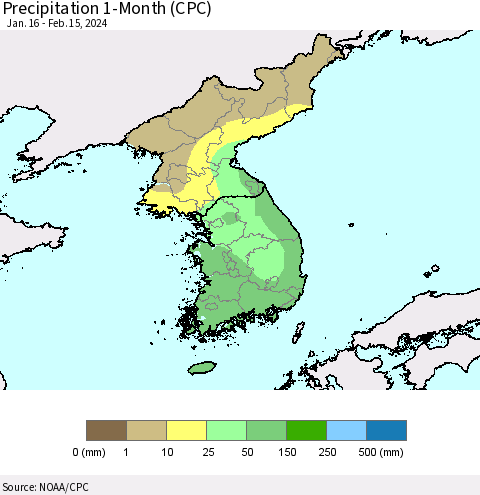 Korea Precipitation 1-Month (CPC) Thematic Map For 1/16/2024 - 2/15/2024