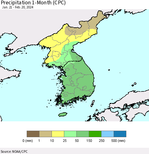 Korea Precipitation 1-Month (CPC) Thematic Map For 1/21/2024 - 2/20/2024