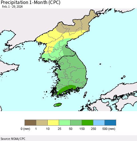 Korea Precipitation 1-Month (CPC) Thematic Map For 2/1/2024 - 2/29/2024