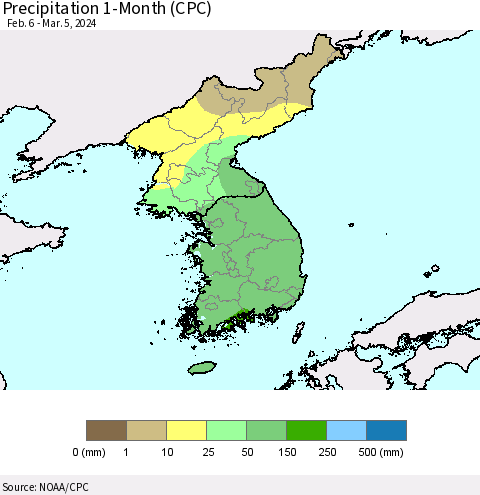 Korea Precipitation 1-Month (CPC) Thematic Map For 2/6/2024 - 3/5/2024