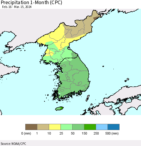 Korea Precipitation 1-Month (CPC) Thematic Map For 2/16/2024 - 3/15/2024