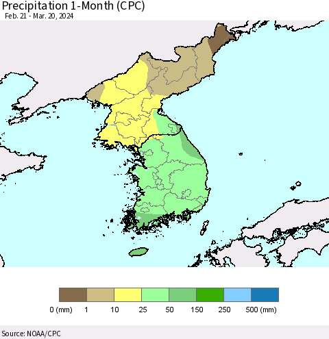 Korea Precipitation 1-Month (CPC) Thematic Map For 2/21/2024 - 3/20/2024