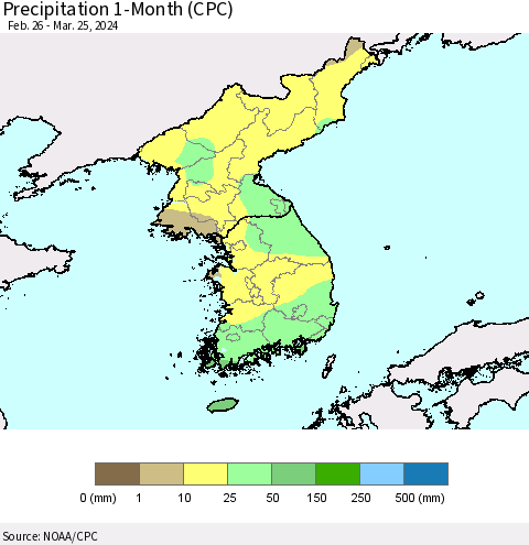Korea Precipitation 1-Month (CPC) Thematic Map For 2/26/2024 - 3/25/2024