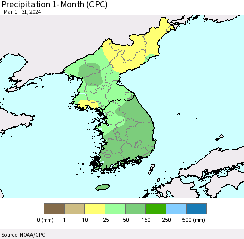 Korea Precipitation 1-Month (CPC) Thematic Map For 3/1/2024 - 3/31/2024