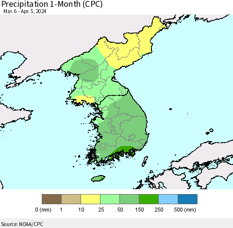 Korea Precipitation 1-Month (CPC) Thematic Map For 3/6/2024 - 4/5/2024