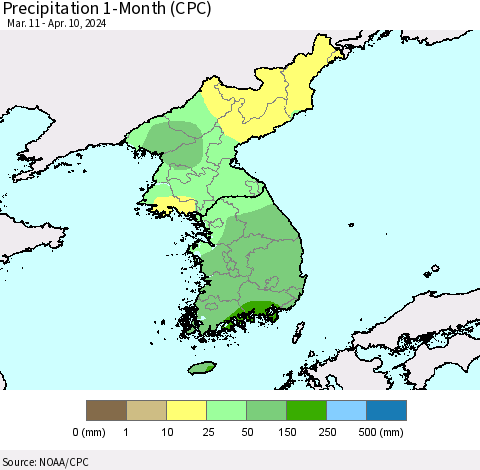Korea Precipitation 1-Month (CPC) Thematic Map For 3/11/2024 - 4/10/2024