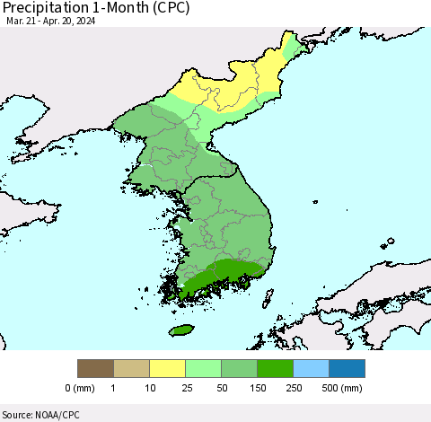 Korea Precipitation 1-Month (CPC) Thematic Map For 3/21/2024 - 4/20/2024