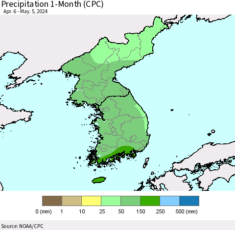 Korea Precipitation 1-Month (CPC) Thematic Map For 4/6/2024 - 5/5/2024