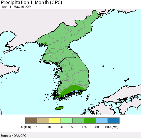 Korea Precipitation 1-Month (CPC) Thematic Map For 4/11/2024 - 5/10/2024