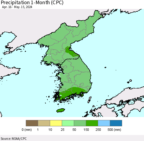 Korea Precipitation 1-Month (CPC) Thematic Map For 4/16/2024 - 5/15/2024