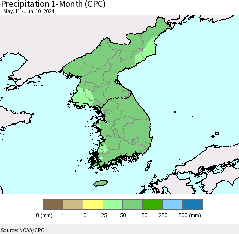Korea Precipitation 1-Month (CPC) Thematic Map For 5/11/2024 - 6/10/2024