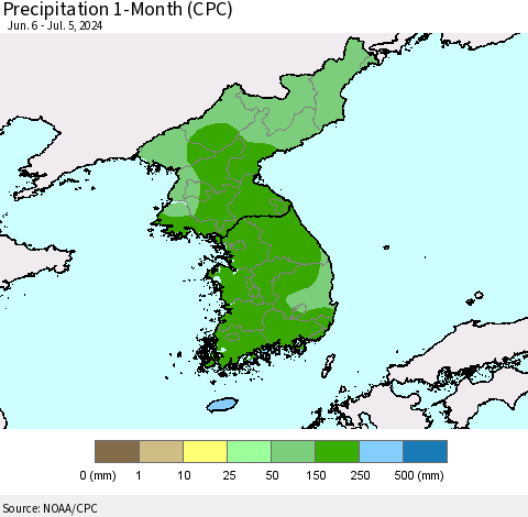 Korea Precipitation 1-Month (CPC) Thematic Map For 6/6/2024 - 7/5/2024