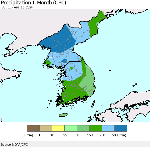 Korea Precipitation 1-Month (CPC) Thematic Map For 7/16/2024 - 8/15/2024