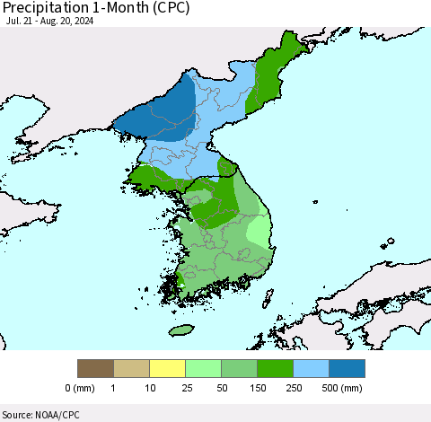Korea Precipitation 1-Month (CPC) Thematic Map For 7/21/2024 - 8/20/2024