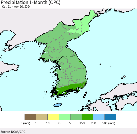 Korea Precipitation 1-Month (CPC) Thematic Map For 10/11/2024 - 11/10/2024