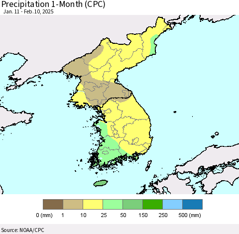 Korea Precipitation 1-Month (CPC) Thematic Map For 1/11/2025 - 2/10/2025