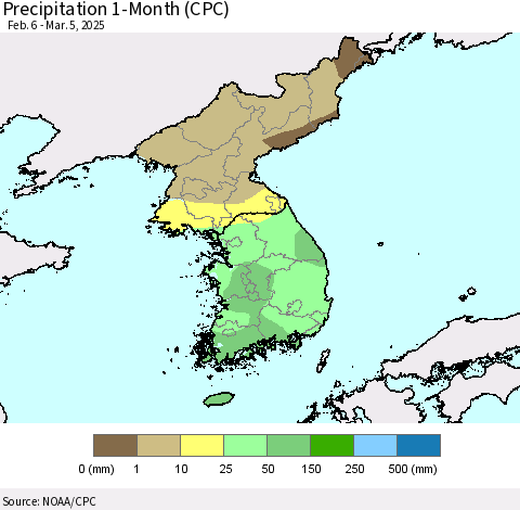 Korea Precipitation 1-Month (CPC) Thematic Map For 2/6/2025 - 3/5/2025