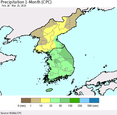 Korea Precipitation 1-Month (CPC) Thematic Map For 2/26/2025 - 3/25/2025