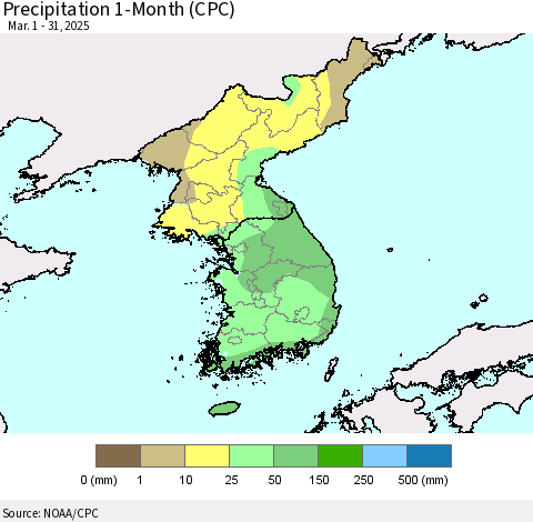 Korea Precipitation 1-Month (CPC) Thematic Map For 3/1/2025 - 3/31/2025