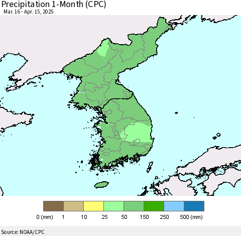 Korea Precipitation 1-Month (CPC) Thematic Map For 3/16/2025 - 4/15/2025