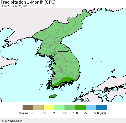 Korea Precipitation 1-Month (CPC) Thematic Map For 4/26/2025 - 5/25/2025