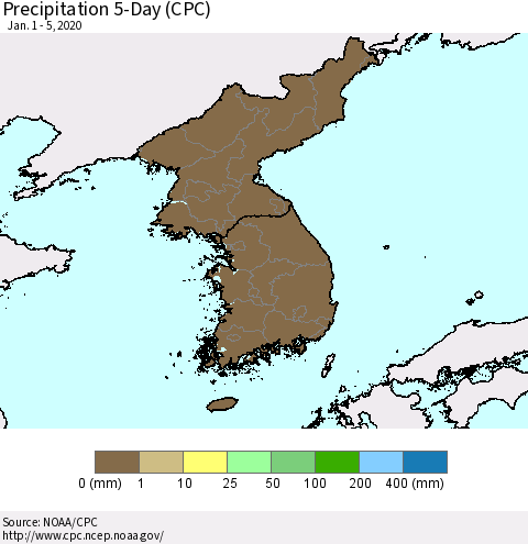 Korea Precipitation 5-Day (CPC) Thematic Map For 1/1/2020 - 1/5/2020