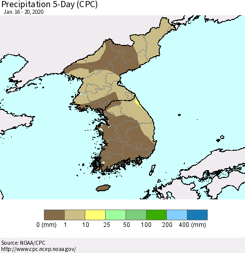 Korea Precipitation 5-Day (CPC) Thematic Map For 1/16/2020 - 1/20/2020