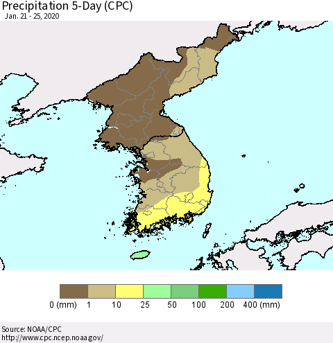 Korea Precipitation 5-Day (CPC) Thematic Map For 1/21/2020 - 1/25/2020