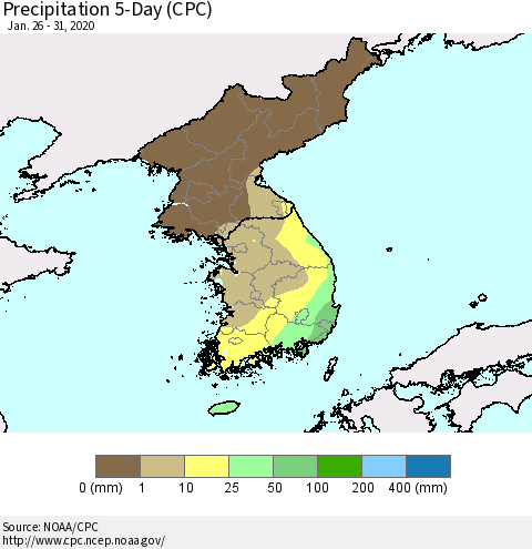 Korea Precipitation 5-Day (CPC) Thematic Map For 1/26/2020 - 1/31/2020