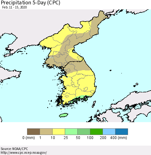 Korea Precipitation 5-Day (CPC) Thematic Map For 2/11/2020 - 2/15/2020