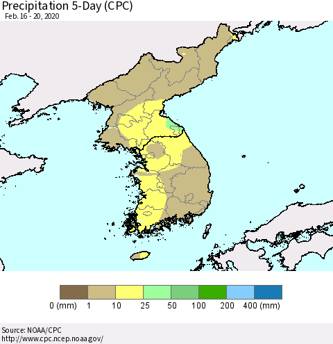 Korea Precipitation 5-Day (CPC) Thematic Map For 2/16/2020 - 2/20/2020